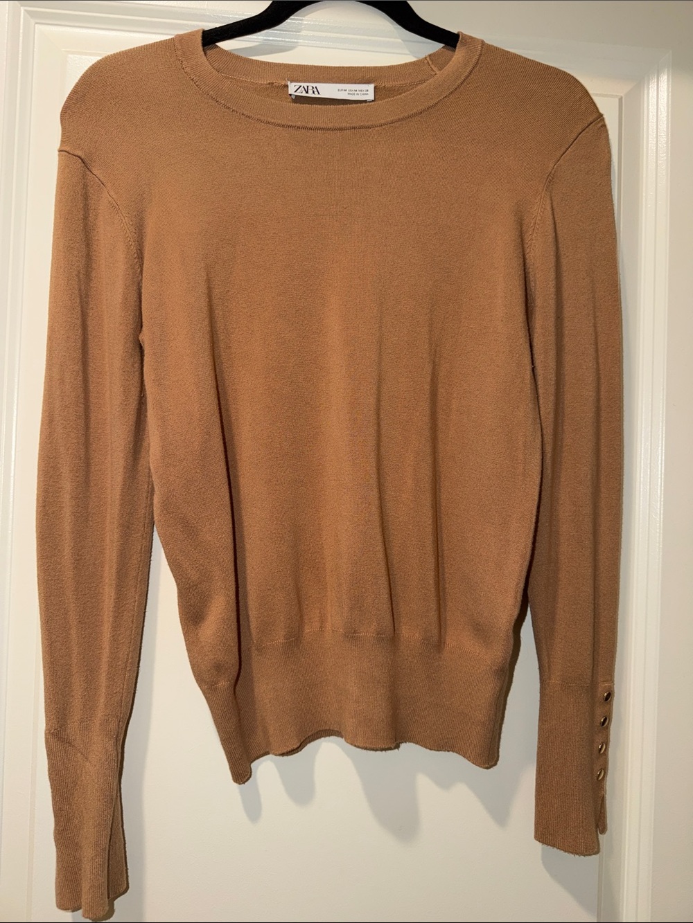 ZARA Tan Crewneck Sweater with Button Cuffs
